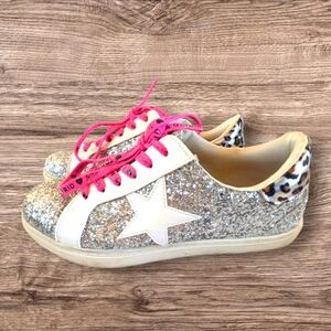Torrid Betsey Johnson Pink & Silver Glitter Sneakers, Star & Leopard Detail, 12W